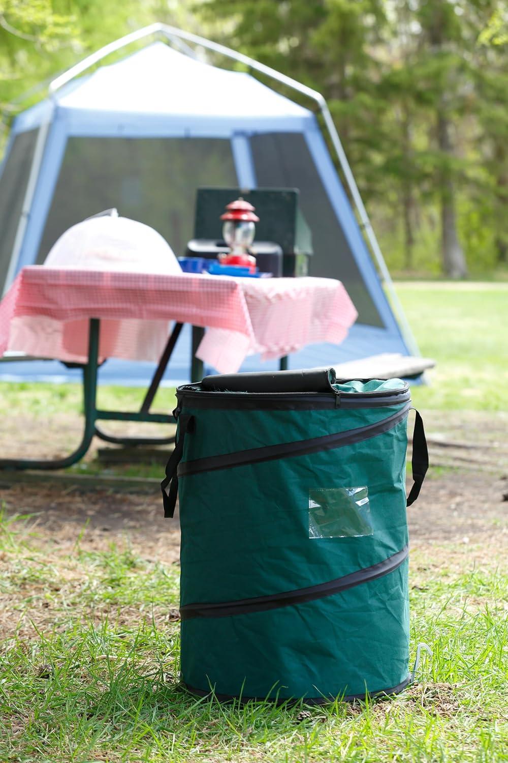 imageCoghlans Deluxe Durable PopUp Trash Can Collapsible Garbage Bin with Zippered Lid Bag Clips and Anchoring Points for Camping Home and Outdoor Use 295 GallonGreenBlue