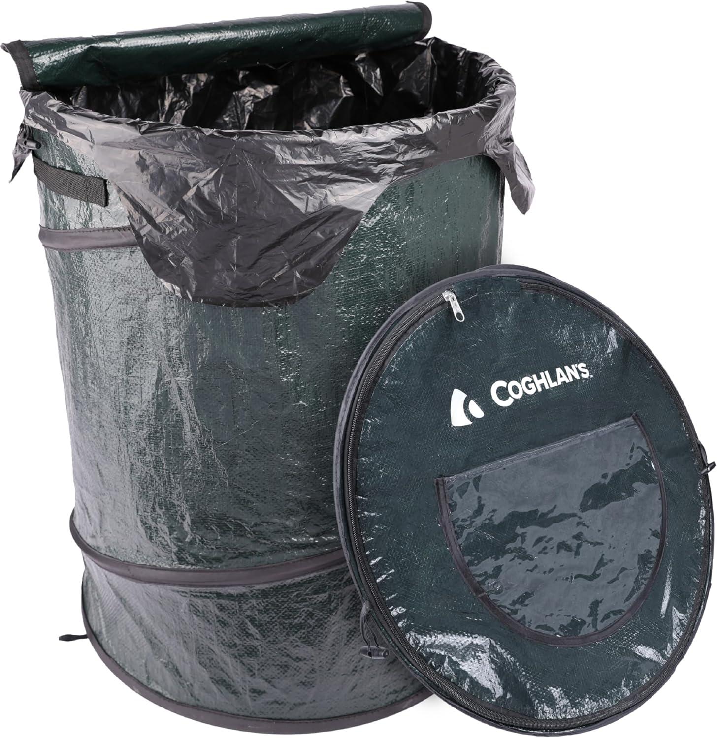 imageCoghlans Deluxe Durable PopUp Trash Can Collapsible Garbage Bin with Zippered Lid Bag Clips and Anchoring Points for Camping Home and Outdoor Use 295 GallonGreen
