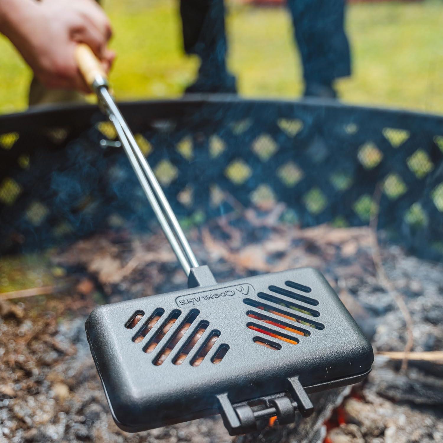 imageCoghlans PreSeasoned Cast Iron Broiler with Removable Handles BreakApart Hinge Ideal for Grilling Burgers Steaks and Roasting Vegetables Over Campfires or BBQs Compact and Easy to CleanDouble Cast Iron Broiler New Design