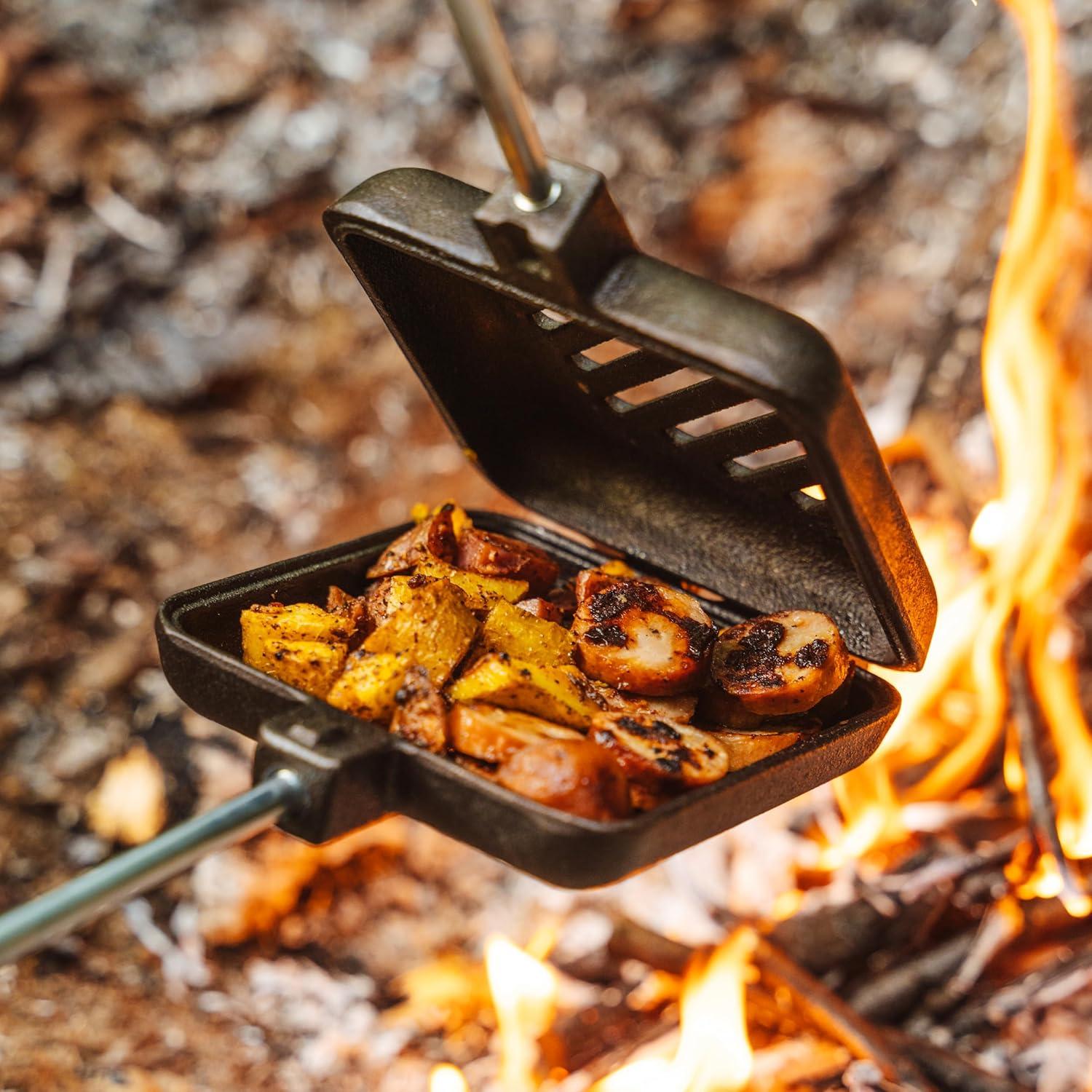 imageCoghlans PreSeasoned Cast Iron Broiler with Removable Handles BreakApart Hinge Ideal for Grilling Burgers Steaks and Roasting Vegetables Over Campfires or BBQs Compact and Easy to CleanSingle Cast Iron Broiler New Design