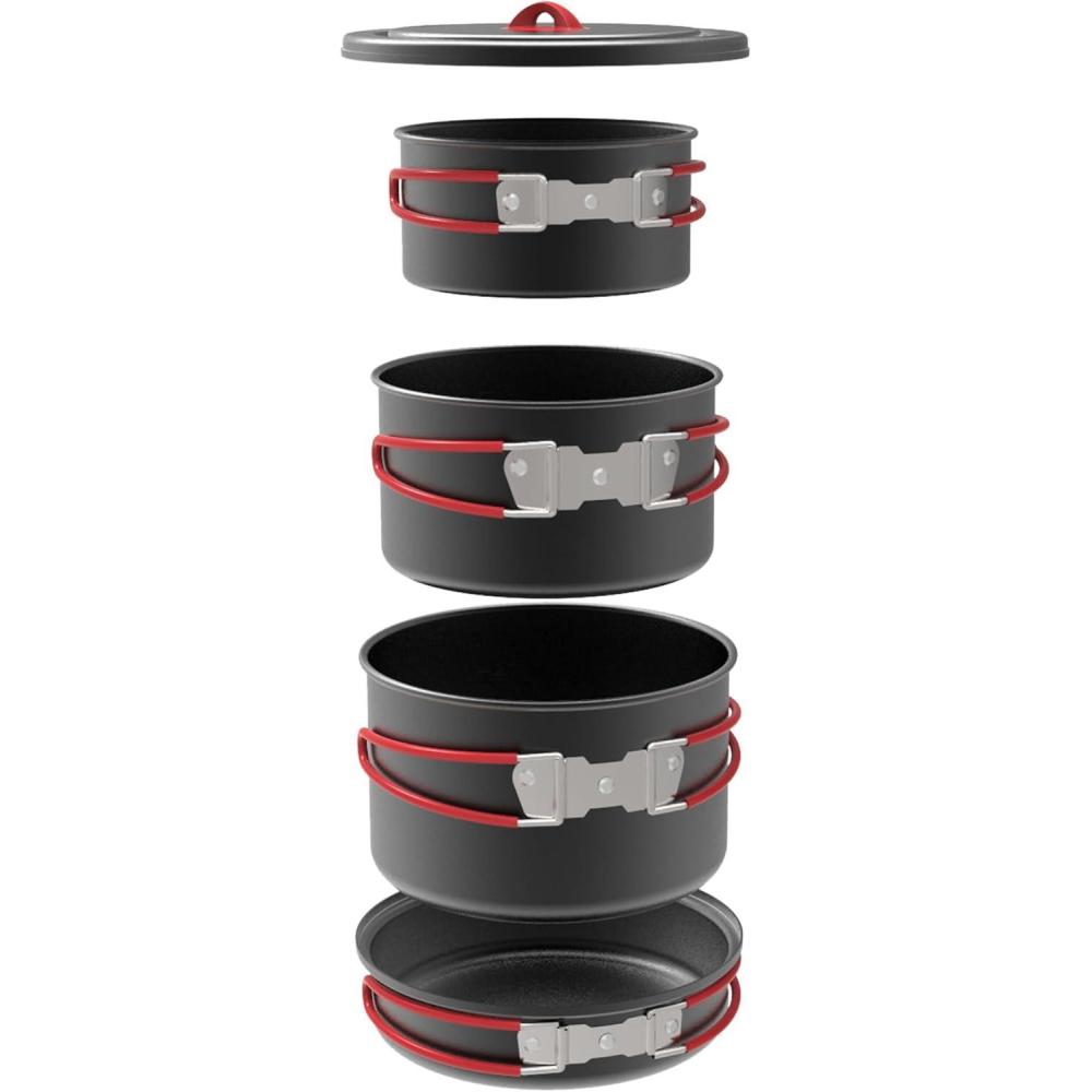 imageCoghlans Hard Anodized Aluminum Camping Cook Set Lightweight Durable Nonstick Cookware for Outdoor Cooking Backpacking Hiking and Family Camping 4Piece Compact Mess Kit