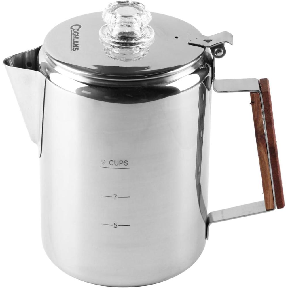 imageCoghlans Stainless Steel Coffee Pot 9 Cup Percolator for Camping Outdoor Adventures and Stovetop Brewing Durable Portable Coffee Brewer for Classic Flavor