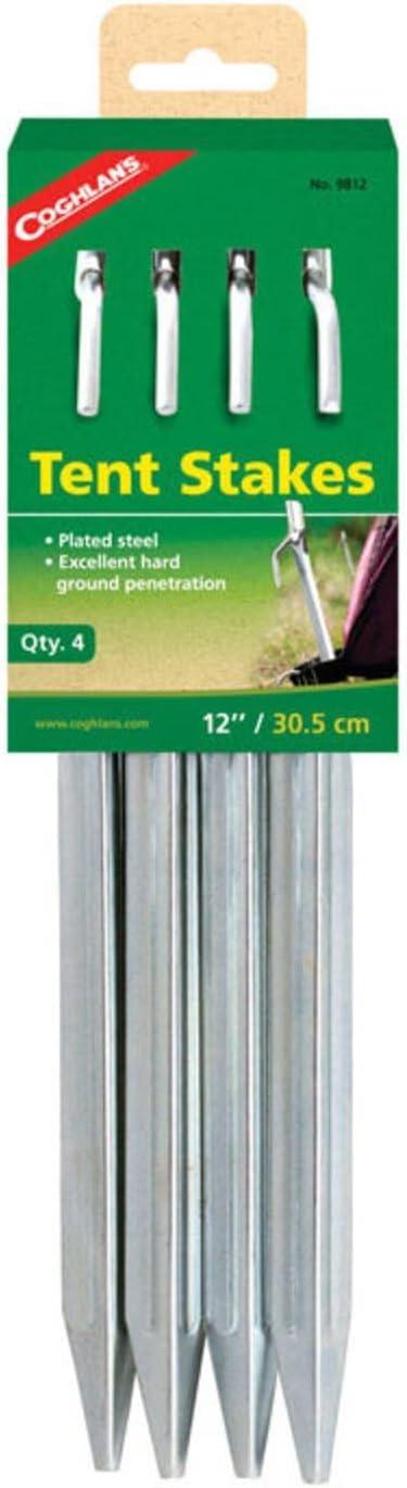 imageCoghlans HeavyDuty Steel Tent Stakes for Secure Camping Galvanized Durable Outdoor Anchors Ideal for Tents Tarps and Shelters in Hard or Soft Ground 12 4PackOne Size Pack of 12