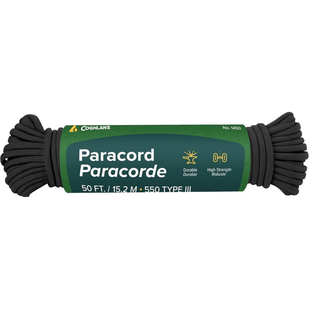 imageCoghlans 50 ft Nylon Paracord Black Type III 550 Survival Rope with 7 Core Strands 550 lbs Break Strength Versatile Outdoor Gear for Camping Shelter Repair and Emergency PreparednessBlack