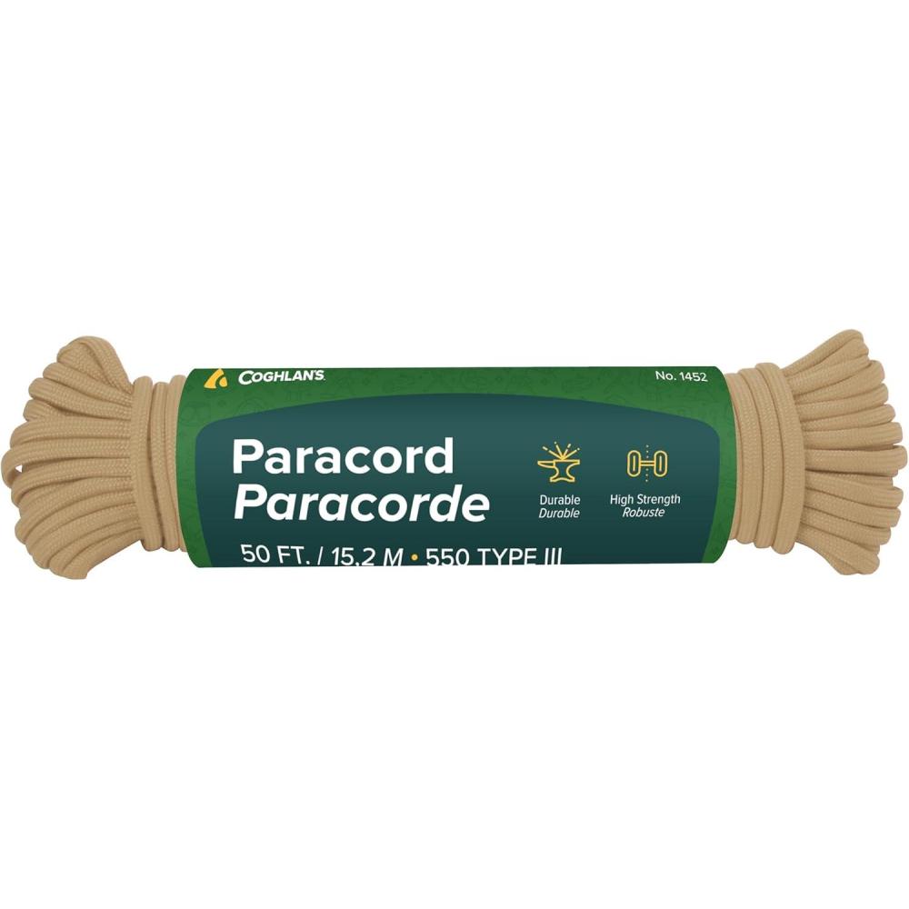 imageCoghlans 50 ft Nylon Paracord Black Type III 550 Survival Rope with 7 Core Strands 550 lbs Break Strength Versatile Outdoor Gear for Camping Shelter Repair and Emergency PreparednessTan